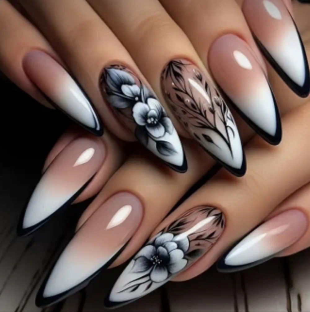 🔥3/$21 Gradient Long Almond Shaped with Floral design Press on nails